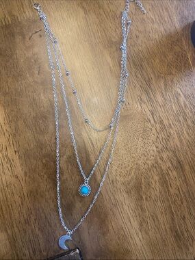 Silver-Tone Layered Pendant Necklace with Turquoise and Moon Charms